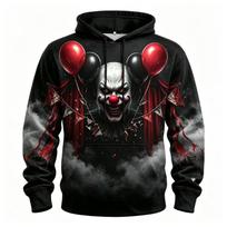 Men's Creepy Broken Clown Poker Cards Horror Full Print Hoodie Long Sleeve Pullover Sweatshirt For Cosplay Party M black