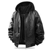 Vyriška motociklininko striukė su gobtuvu Žieminė Bomber odinė striukė Vintage Chaqueta Motociklininko striukė Vyrams Laisvalaikio PU odinės striukės XXL gray