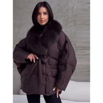 Brown Fur Collar Patchwork Batwing Sleeves Padded Coats Women Lace Up Waist-cinching Mid-length Puffer Coat Warm Winter Chic Fit S black