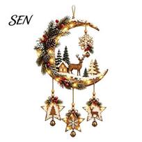 Moon Phase Wall Decor Lighted Crescent with Stars Pendants, Rustic Wooden Hanging Pendant Illuminated Plaque for Room LED Light, Farmhouse Light 1pc