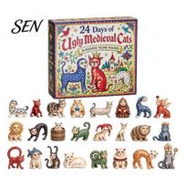 Advent Calendar for Kids 24 Days of Ugly Medieval Cats with Unique Holiday Home Decor Acrylic Ornaments, Vintage Christmas Countdown Desk Day Gift Flat