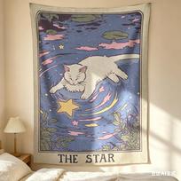 1pc The Star Cat Tarot Tapestry, Cute White Cat Wall Hanging, Cool Room Stuff, Large Size, Polyester 2D Print, Bedroom Stuff, Wi 100X150CM