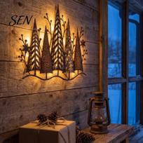 Cozy Lodge Interior Decor Vintage Lighted Woodland Wall Decor, Rustic Metal Pine Forest Tree Housewarming Gifts for Friends Sculpture with LED Lights 1pc