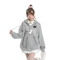 BeatStreet Ladies' Casual  Ear Hooded Open Cardigan Sweatshirt Loose Fit Comfortable Autumn Wear Korean Style Long Sleeve Cotton L gray