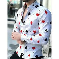 Men's Poker Card Pattern Print Casual Long-Sleeve Shirt, Spring-Summer-Autumn Fashionable Men's Apparel, Suitable for All Seasons 3XL