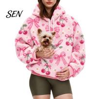Pet Pouch Hoodie Women Oversized Hoodie, Dog Cat Carrier Hooded Sweatshirt Lady for Fall Winter, Casual Pullover Top with Kangaroo Pocket M J