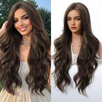 Hot-selling wigs female medium point gradual change brown long curly hair big waves matte high temperature silk full head cover wigs 1# ruda