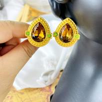 24K Matte Gold Plated Vintage Champagne Water Drop Zirconia Ear Clip with Brown Crystal, No Piercing Needed. yellow