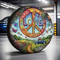 Hippie Love Peace Sign Tire Cover Polyester Dust Protector with Vintage Car and Flowers for SUV 16inch