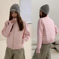 Hot-selling light and thin ribs cotton-padded clothes for women's years, new knitted stand-up collar splicing autumn and winter cotton-padded clot XL rožinė