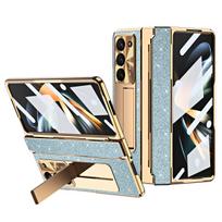 For Samsung Galaxy Z Fold 87 6 5 Z 4 3 5G Case with Screen Protector Luxury Frosting One-Piece Plating Stand Cover Gold For Galaxy Z Fold 4