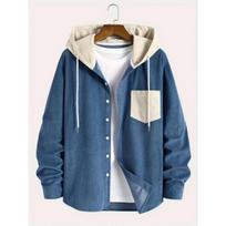 Men S Loose Long Sleeve Hooded Casual Shirt For Autumn L mėlyna