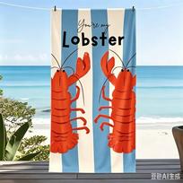 Oversized Red Lobster Beach Towel Blue White Striped Microfiber Towel for Summer Vacation and Pool Days 70x140cm