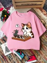 Cat And Mouse Playing Chess Cartoon Print Boys Girls Family Matching Tee Kids Parent Short Sleeve Daily Casual Comfort T Shirt 110 black