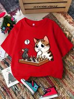Cat And Mouse Playing Chess Cartoon Print Boys Girls Family Matching Tee Kids Parent Short Sleeve Daily Casual Comfort T Shirt 120