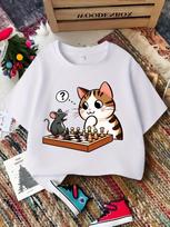 Cat And Mouse Playing Chess Cartoon Print Boys Girls Family Matching Tee Kids Parent Short Sleeve Daily Casual Comfort T Shirt 150 black