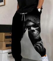 Best-selling Men's Gothic Skull-Print Casual 3D-Printed Loose-Fit Fleece-Lined Thickened Outdoor Sweatpants (Autumn/Winter) 5XL juoda