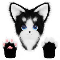 Animal Cat Fursuit Head Mask Furry and Therian Paw Gloves Set for Halloween Cosplay Costume Accessories One Size black