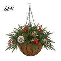 Christmas Balcony Hanging Ornament Artificial Basket with Pine Branches, Red Berries & Pinecones, Snowy Branch Decoration Pre-lit Holiday Planter for 45cm B