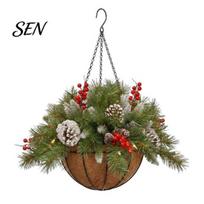 Christmas Balcony Hanging Ornament Artificial Basket with Pine Branches, Red Berries & Pinecones, Snowy Branch Decoration Pre-lit Holiday Planter for 45cm A