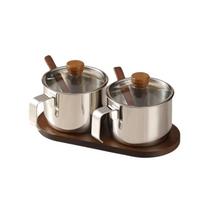 Dust-proof Condiment Jar Set With Spoon Tray Spice Organizer  Countertop Silver 2 Grid