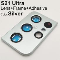 Aocarmo For Samsung Galaxy S21U S21 Ultra Rear Back Camera Lens Glass With Frame Adhesive Sticker Glue With Frame  Silver