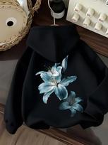 Blue Lily Floral Sports Hoodie 3D Flower Print Black Oversized Pullover Streetwear Sweatshirt Spring Autumn M