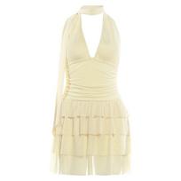 European and American summer new hot-selling fashion neck V-neck temperament elegant solid color high-waisted dress women L geltona