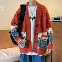 Vintage Knit Cardigan Men Loose Fit College Style Spring Autumn 2XL raudona