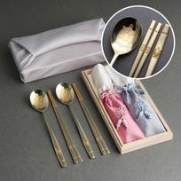 Korean Traditional 24K Gold Plated Sujeo Set | STS304 Spoon & Chopsticks for 2 | Paulownia Gift Box gray