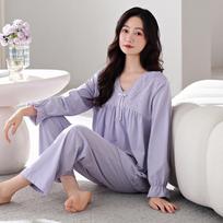 Pure Cotton Pajamas For Women With Chest Pads, Spring And Autumn Long-Sleeved Pullovers Can Be Worn Outside, Loungewear Loose Suit L