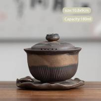 Chinese Rough Pottery Gaiwan Teacup Retro Handmade Ceramic Tea Tureen Household Tea Maker Travel Portable Teaware Accessories gray