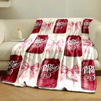 Alternating red Dr Pepper cans and pink bows on a light beige background. for all seasons blanket lunch break throw gift 150cm x 200cm white