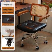 Mid-Century Retro Rattan Woven Swivel Desk Chair for Home and Office black