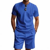Hot Selling American Summer New Men's Waffle Knit Short Sleeved Shorts Set Casual Breathable Cotton Street Wear fashion suits XL blue