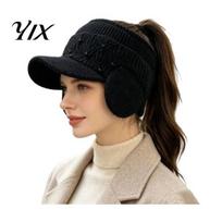 Open Top Ponytail Hat Winter with Ear Flaps, Women Knitted Peaked Cap, Thermal Windproof Sports Visor Warm Knit Cap for Outdoor Running Cycling Casual juoda