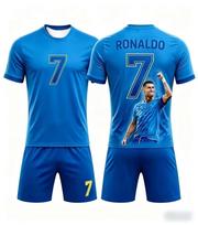 Hot Selling Fashion Summer New # Ronaldo #7 Football Jersey Sports Breathable Short Sleeved T-shirt+shorts Set Kids Tees 130 blue