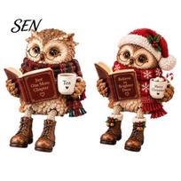 Farmhouse Style Shelf Sitting Decor 2Pcs Reading Owl Resin Figurines, Edge Bookshelf Statue with Glasses Book Nook Decorative Accents & Book, Vintage