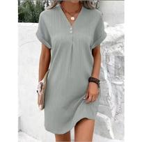 New, Hot-selling Women's Clothing, New V-neck Solid Color Pullover Comfortable and Casual Button Dress Women M gray