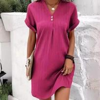 New, Hot-selling Women's Clothing, New V-neck Solid Color Pullover Comfortable and Casual Button Dress Women XXXL pink