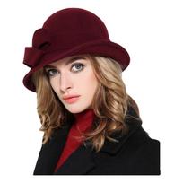 Vintažinio stiliaus vilnos veltinio kibiro skrybėlaitė Klasikinis dizainas Elegantiška forma Vintažinė klosė Fedora kepurė su lanko dekoracija Moteriška skrybėlaitė vyno raudonos spalvos