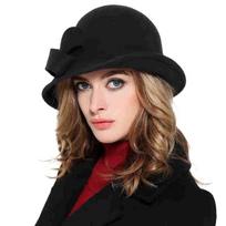 Vintažinio stiliaus vilnos veltinio kibiro skrybėlaitė Klasikinis dizainas Elegantiška forma Vintažinė klosė Fedora kepurė su lanko dekoracija Moteriška skrybėlaitė juoda