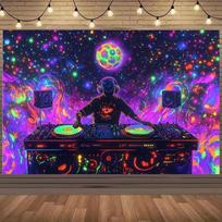 UV Reactive DJ Tapestry, Blacklight Psychedelic Neon Space DJ with Turntable & Galaxy Wall Hanging 100X150CM
