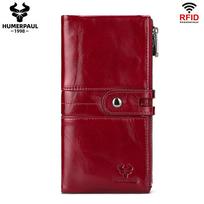 Women Genuine Leather Long Humerpaul Wallet Rfid Blocking Multifunction Slim Hasp Purse Card Case raudona