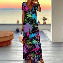 Women Plus Size Short Sleeve V Neck Maxi Dress Contrast Color Paisley Print Loose Summer Vacation Long Dress 8XL blue