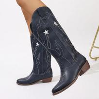 Fashion 2024 Hot Selling Square Heel Winter Women's Boots New Fashion Embroidered Western Shoes Women's Pointed Toe High Boots Zapatos 40 šviesiai mėlyna spalva
