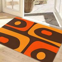 Mid Century Abstract Geometric Doormat Orange Brown Curved Oval Shape Retro Art Print Soft Floor Mat For Boho Living Room Entry 43X75CM