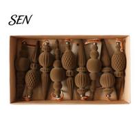 Reusable Holiday Gift Box Set 9Pcs Christmas Flocked Pendant with Lanyard, Vintage Ribbed Texture Tree Retro Cone Shaped Decor Hanging, Icicle