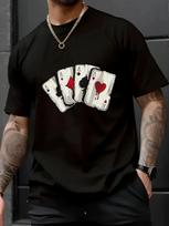 Men'S Casual Cotton T-Shirt with Playing Card Print, Crew Neck, Short Sleeve, Sl S black