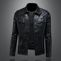 Ir naujo stiliaus vyriška odinė motociklininko striukė su atverčiamu apykakle, viršutinis drabužis, prigludusio kirpimo, madingas vyriškas odinis paltas 7919 4XL black